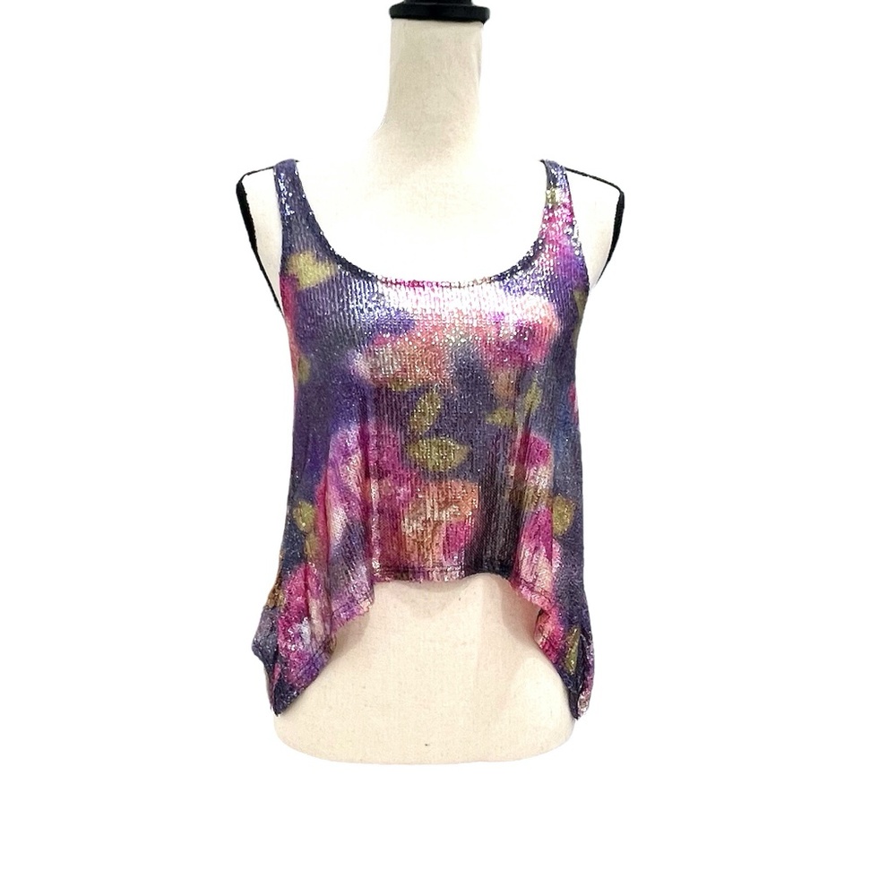 TOPSHOP SEQUIN PURPLE & PINK FLORAL SWING CROP TANK TOP